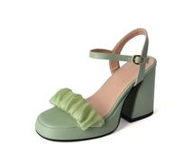 Générique Femmes Froncé Mesh Sangle Plateforme Talon Bloc Sandales Carré Ouvert Bout Réglable Cheville Boucle Épais Talon Haut Robe Chaussures,Vert,37 EU
