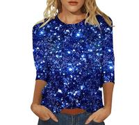 Générique Femmes Hauts à la Mode Trois Manches décontracté Paillettes col Rond Ample imprimé t Shirt 2 Blue XXL