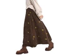 Générique Femmes Jupe Longue en Velours Côtelé à Brodées Florales Doux Jupe Trapèze avec Poches Taille Haute A-Line Jupes Confortable Chic et Elegant (Brown, L)