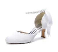 Générique Femmes Lacer Escarpins À Robe avec Perlé Talon Moyen Chaussures De Mariage pour Mariée Bout Rond Satin Chaussures De Demoiselle d'honneur,Blanc,37 EU