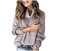 Générique Femmes lâche Bouton Manches tricotées Hauts Pull col roulé Pull Long Pull (Grey, S)