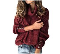 Générique Femmes lâche Bouton Manches tricotées Hauts Pull col roulé Pull Long Pull (Red, M)