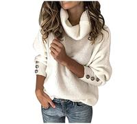 Générique Femmes lâche Bouton Manches tricotées Hauts Pull col roulé Pull Long Pull (White, XL)