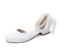 Générique Femmes Perle Bride Cheville Chaussures De Robe De Mariage Lacer Ballerines Bout Rond Satin Chaussures De Mariée Et Demoiselle d'honneur,Blanc,41 EU