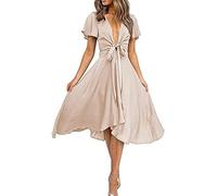 Générique Femmes Satin col en V Volants Manches Courtes Lacets Avant Taille Haute flûte a - Ligne Robe Longue élégante et décontractée (Abricots,XL)