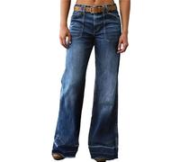 Générique Femmes Straight Loose no Belt Jeans Mode Classique Jambes Larges Jean avec Poches lavé Jeans pour Femmes (Bleu,S)