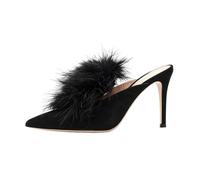Générique Femmes Suède Synthétique Chaussures Mule avec Pompon en Plumes Bout Pointu Slingback Sandales De Robe Talons Aiguilles Hauts Escarpins De Soirée,Noir,44 EU