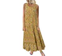 générique Femmes Taille Plus Floral Maxi Quotidien Lin Lâche sans Manches Imprimer Longue Robe Décontractée Robe Femme Robe Coton Grande Taille (Yellow, XL)