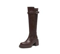 Générique Femmes Talon Bloc Plate-Forme Bottes Longues Cuir PU Botte Hautes Au Genou avec Fermeture Éclair sur Bout Rond Bottes De Chevalier avec Boucle,Marron,39 EU