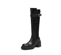 Générique Femmes Talon Bloc Plate-Forme Bottes Longues Cuir PU Botte Hautes Au Genou avec Fermeture Éclair sur Bout Rond Bottes De Chevalier avec Boucle,Noir,40 EU