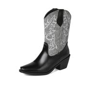 Générique Femmes Talons Hauts Épais Bottes Courtes Bout Carré Cuir PU Bottes Mi-Mollet À Enfiler Style Cowboy Occidental,Noir,38.5 EU