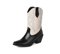 Générique Femmes Talons Hauts Épais Bottes Courtes Bout Carré Cuir PU Bottes Mi-Mollet À Enfiler Style Cowboy Occidental,Beige,38.5 EU