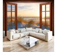 Générique Fenêtre Vue Mer Plage Papier Peint Panoramique Pour Garçons filles, 400 x 280 cm Jaune Poster Géant Mural 3D, Décoration Murale Premium Pour Salon, Chambre Adulte, Chambre D'Enfants