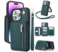 Générique Fertilvrsus Phone Case, Wallet Case for iPhone 11/12/13/14/15/16 E Series, PU Leather Flip Cover with Hand Strap, Wrist Strap & Crossbody Lanyard (Green,13pro)