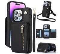 Générique Fertilvrsus Phone Case, Wallet Case for iPhone 11/12/13/14/15/16 E Series, PU Leather Flip Cover with Hand Strap, Wrist Strap & Crossbody Lanyard (Black,16E)