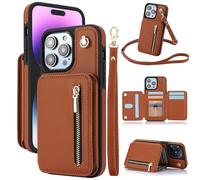 Générique Fertilvrsus Phone Case, Wallet Case for iPhone 11/12/13/14/15/16 E Series, PU Leather Flip Cover with Hand Strap, Wrist Strap & Crossbody Lanyard (Brown,14plus)