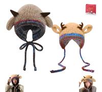 Générique Festive Christmas Antler Hat, Festive Christmas Antler Hat & Handbag 2-in-1, Cute Windproof Convertible Knitted Antlers (C,1PS)