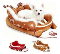Générique Festive Plush Cosy Dog Bed, Christmas Sleigh Cat Dog Bed, Soft Plush Washable Holiday Pet Bed, Cozy Christmas Lounge for Small & Large Pets (Brown,L)