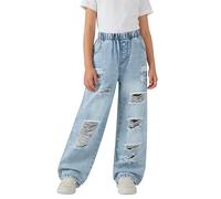 Générique Fille Baggy Jeans Jeans en Denim pour Filles,Parfaits pour l'été,avec Un Effet usé,Une Taille élastique et Une Couleur Unie,Un Look décontracté au Quotidien.