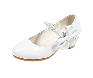 Générique Fille Rouge Orteils Séparés Baskets en Cuir Blanc nœud Printemps Automne Gir Talon Haut Princesse Chaussures Perle Chaussures Fille Or Respirant Baskets (White, 29.5 Little Child)