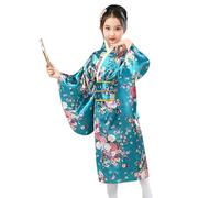 Générique Filles Kimonos Robe Traditionnelle Kimono Japonais Impression de Fleurs Robe Kimono Satin pour Les Enfants,Robe de Soirée de Jeu de Rôle Anime Ventilateur (02C-Blue, 6-7 Years)