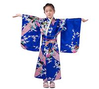 Générique Filles Kimonos Robe Traditionnelle Kimono Japonais Impression de Fleurs Robe Kimono Satin pour Les Enfants,Robe de Soirée de Jeu de Rôle Anime Ventilateur (02B-Blue, 4-5 Years)