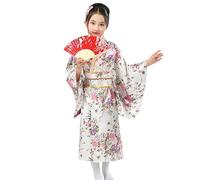 Générique Filles Kimonos Robe Traditionnelle Kimono Japonais Impression de Fleurs Robe Kimono Satin pour Les Enfants,Robe de Soirée de Jeu de Rôle Anime Ventilateur (01B-White, 9-10 Years)
