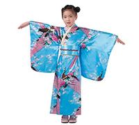 Générique Filles Kimonos Robe Traditionnelle Kimono Japonais Impression de Fleurs Robe Kimono Satin pour Les Enfants,Robe de Soirée de Jeu de Rôle Anime Ventilateur (02B-Sky Blue, 4-5 Years)