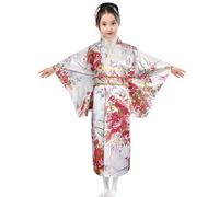 Générique Filles Kimonos Robe Traditionnelle Kimono Japonais Impression de Fleurs Robe Kimono Satin pour Les Enfants,Robe de Soirée de Jeu de Rôle Anime Ventilateur (White, 9-10 Years)