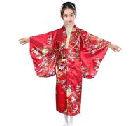 Générique Filles Kimonos Robe Traditionnelle Kimono Japonais Impression de Fleurs Robe Kimono Satin pour Les Enfants,Robe de Soirée de Jeu de Rôle Anime Ventilateur (Red, 7-8 Years)