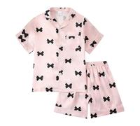Générique Filles Short Pyjamas Pyjama en Satin à Manches Courtes pour Filles,vêtements de Nuit avec Boutons,Sensation de Soie,Tenue Nuit Confortable pour Enfants(Red,4-5ans)