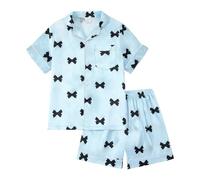 Générique Filles Short Pyjamas Pyjama en Satin à Manches Courtes pour Filles,vêtements de Nuit avec Boutons,Sensation de Soie,Tenue Nuit Confortable pour Enfants(Blue,9-10ans)