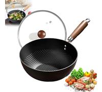 Générique Fish Scale Pattern Flat Bottom Non-Stick Pan, Carbon Steel Woks & Stir-Fry Pans Nonstick with Glass Lid, Flat Bottom Hand Hammered, High Purity Frying Pans for Cooking (24cm/9.45in)