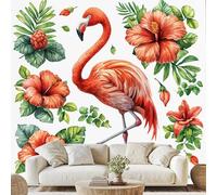 Générique Flamant Oiseau Jungle Tropicale Papier Peint Intissé Rouge Hibiscus Fleur Mural Feuilles Vert Papier Peint Autocollant Mural 400x280 cm pour Chambre Salle de Bain Salon