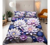 Générique Fleurs Housse de Couette 200x200cm Galets Bleus Floraux Parure de Lit 1 Personnes 3 Pièces Parure de Lit Enfant avec 2 Taies d'oreiller 65x65cm, Fille Garcon Decoration Chambre