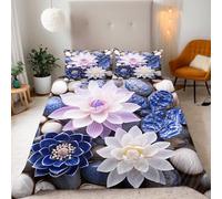 Générique Fleurs Housse de Couette 200x220 Galets Floraux Bleus Parures de Lit 200x220 Adulte Microfibre Doux et Confortable Housse de Couette Impression 3D avec 2 Taie d'oreiller