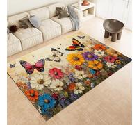 Générique Fleurs Papillon Tapis 160x230cm Style De Peinture à l'huile Antidérapant Poils Bas Moquettes Sol Décoration Durable Doux Machine Lavable Grand Tapis pour Chambre Salon Balcon Couloir 0y187