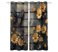 Générique Fleurs Rideau Occultant Salon 75x166cm, Papillon Floral en Grain De Bois Rétro Rideau Occultant Thermiques Rideaux À Oeillets, Anti Bruit, pour Salon Et Chambre, Exterieur Terrasse Lot De 2