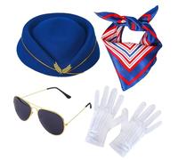 Générique Flight Attendant Costume, Airline Costume Accessories, Cosplay Dress Up Set, Stewardess Hat Silk Scarf Sunglasses Gloves, Women PartyOutfit, Halloween Fancy Dress