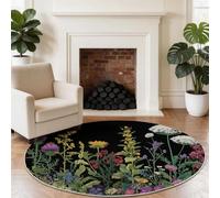 Générique Floral Chardons Pensées Tapis Rond Enfant 100 cm, Lavable & Antidérapant, Noir Maximalisme Glamour Tapis de Jeux Doux pour Chambre Bébé & Nurserie