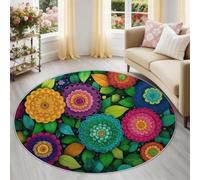 Générique Floral Mandalas Feuilles Tapis Rond 100 cm, Lavable & Antidérapant, Bohème Ethnique Tapis de Salon Doux Poil Ras pour Chambre & Bureau, Multicolore