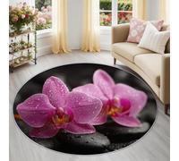 Générique Floral Orchidée Pierre Doux Tapis Rond 160 cm, Oriental Zen Tapis de Chambre Antidérapant, Multicolore Poil Ras Lavable pour Salon & Coin Lecture