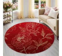 Générique Floral Pivoine Tapis Rond Lavable 160 cm, Tapis Intérieur Antidérapant, Magnifique Chinois Poil Ras Facile à Nettoyer pour Entrée & Cuisine, Rouge
