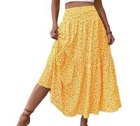Générique Floral Skirts for Women Summer Floral Smocked High Waisted Skirts Pleated Ruffle Tiered Beach with Pockets (7,M)