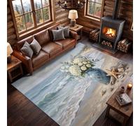 Générique Floristique Côtière Tapis de Salon Lavable en Machine 90 x 120 cm, Tapise antidérapant, Tapis de Chambre Style Plage Vagues Océaniques Compositions Florales pour Le Salon, l'entrée, Blanc