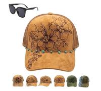 Générique Flower Patch Burned Suede Trucker Hat with Dainty Turquoise Stone Chain, Adjustable Casual Mesh Vintage Boho Sun Cap