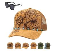 Générique Flower Patch Burned Suede Trucker Hat with Dainty Turquoise Stone Chain, Adjustable Casual Mesh Vintage Boho Sun Cap