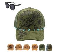 Générique Flower Patch Burned Suede Trucker Hat with Dainty Turquoise Stone Chain, Adjustable Casual Mesh Vintage Boho Sun Cap