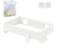 Générique Foldable Trash Bag Holder, Folding Hanging Plastic Trash Bag Holder Rack, No Drill Adhesive Mounted Kitchen Waste Holders with Fixing Snap for Saving Kitchen Space (White)