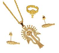 Générique For Ethiopian Cross Necklace Pendants Earrings Ring 3pcs Set Gold Color Women Traditional Jewelry African Bridal Sets Wedding Party